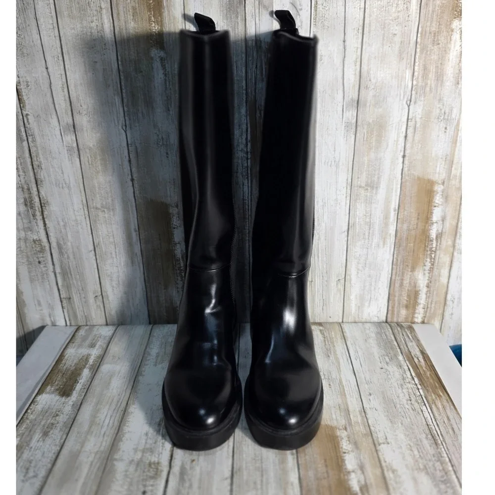 H&M Black Faux Leather Knee High Boots Chunky Sole Elastic Panel Size 38